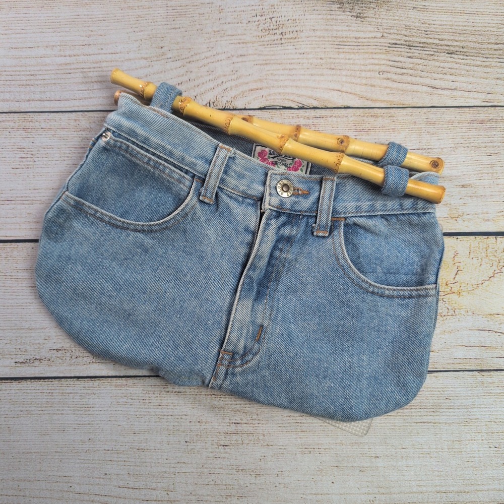 Y2k Vintage Denim‎ Handbag Bamboo Handle upcycled Jean Purse 90s Boho